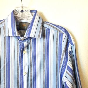 S EUC Men's Thomas Dean Black Blue White Striped Cotton Dress Shirt